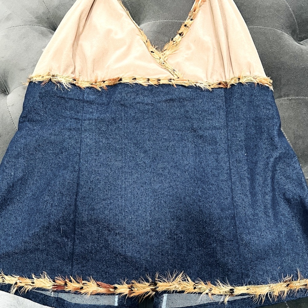 Handmade Custom Design Denim Fur Trim Halter Top and Skirt Set